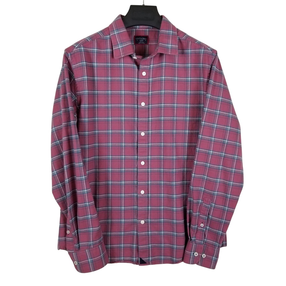 UNTUCKit Flannel Button Down Mens Large Burgundy Plaid Slim Fit Cotton Shirt